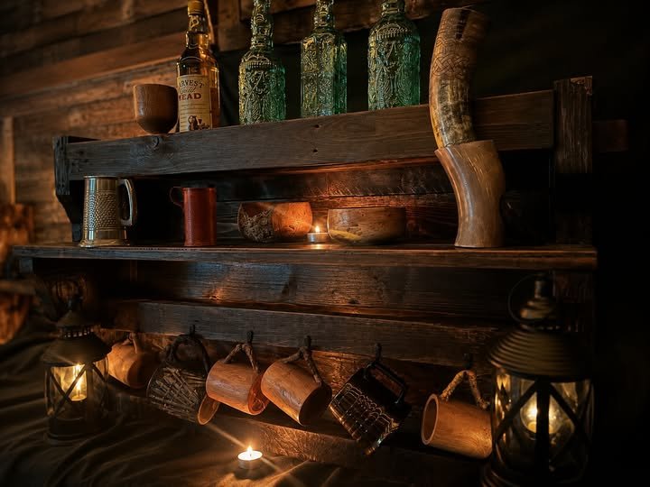 alehouse Handmade rustic tavern shelving displayed inside The Elderwood Project