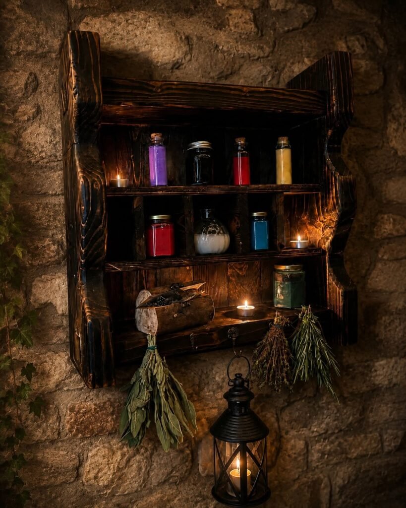 Handmade rustic apothecary shelf with coloured bottles