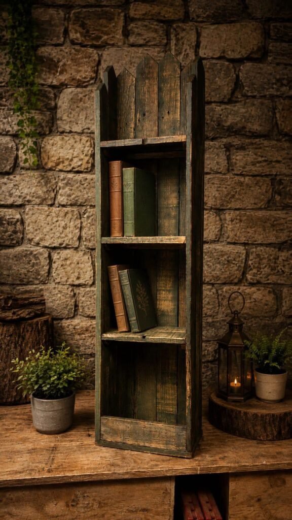 a wooden shelf made from reclaimed fencing
