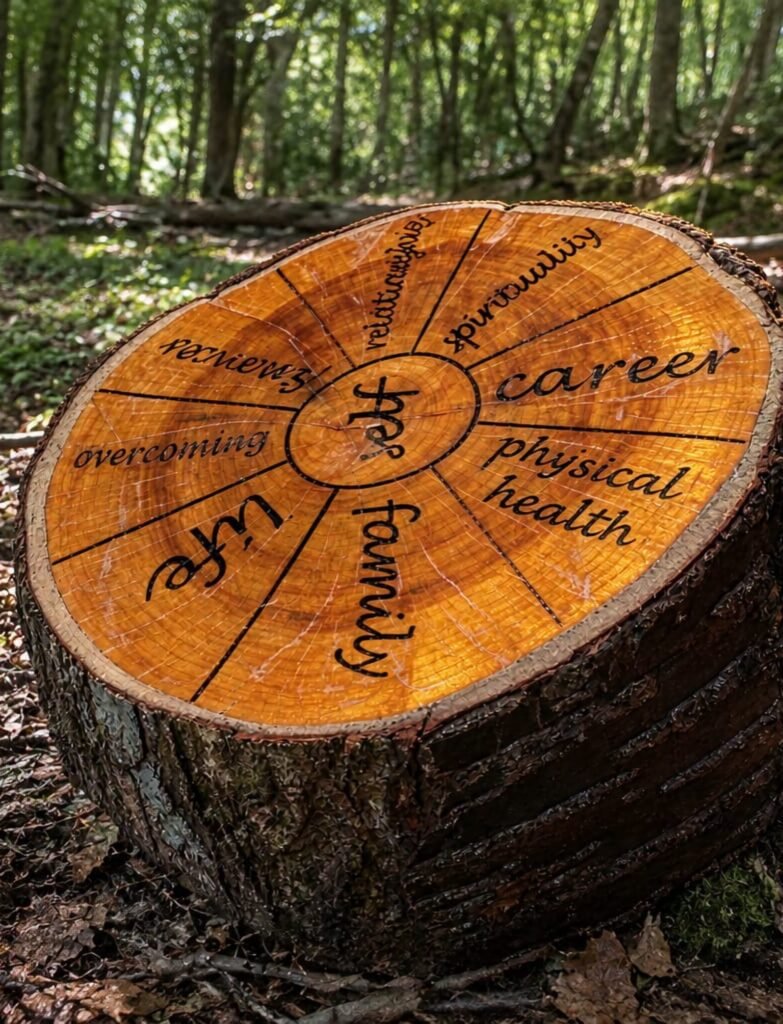 Handmade wooden life coaching wheel created from a natural log slice