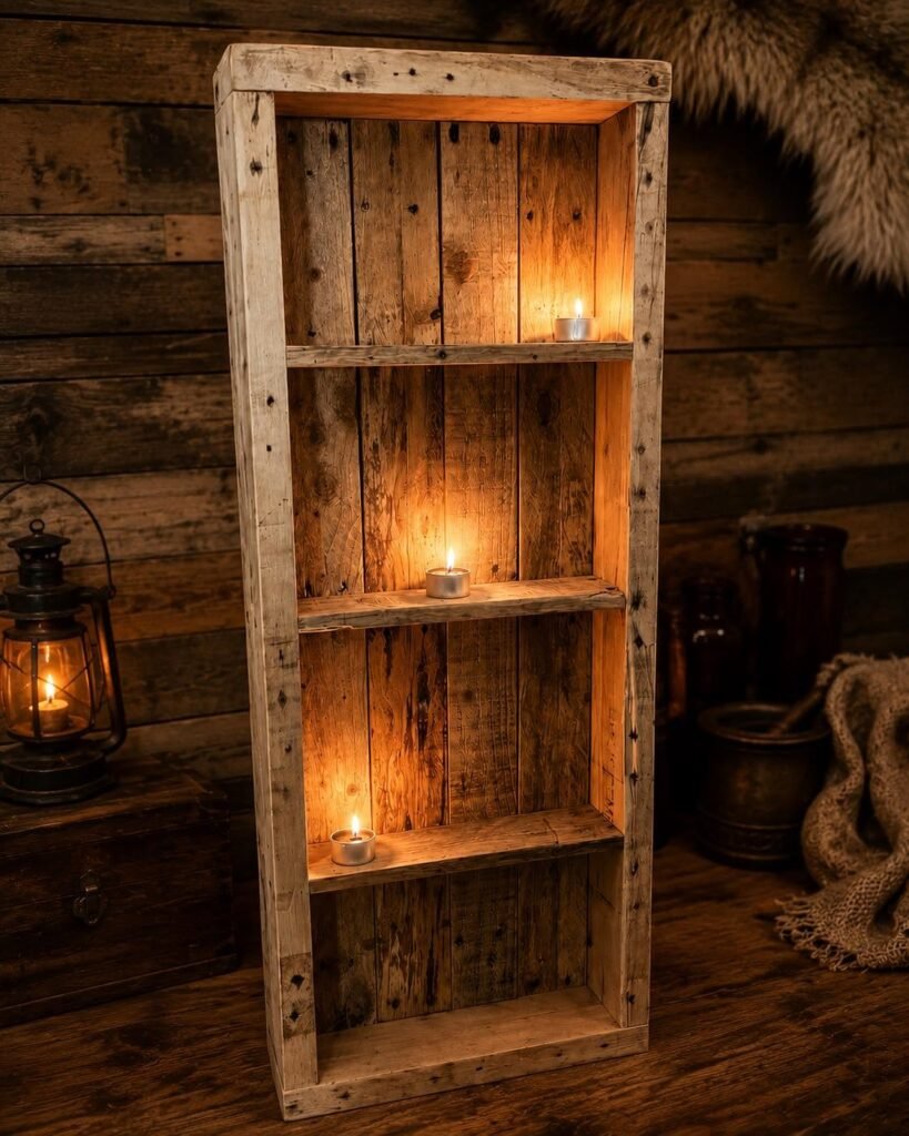 Rustic handmade shelving displayed inside The Elderwood Project