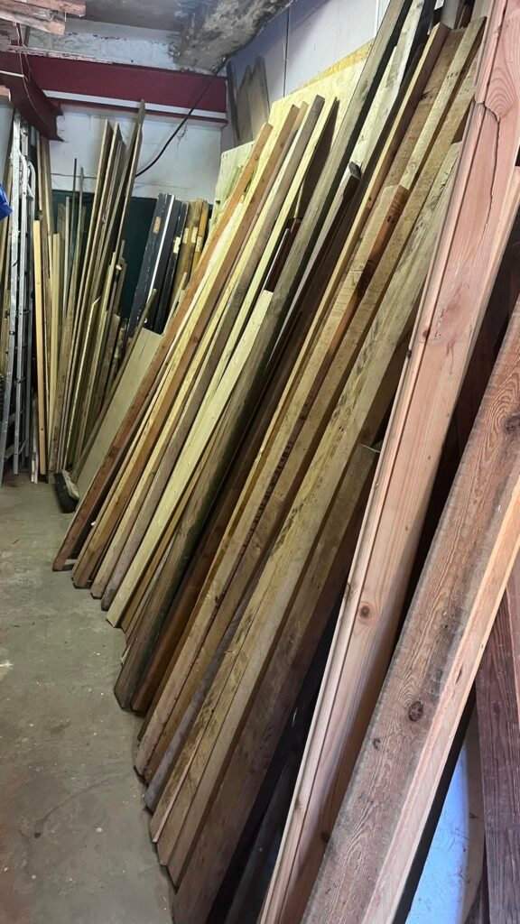 Reclaimed timber and wood offcuts stored for reuse