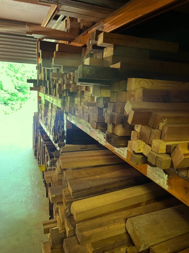 Reclaimed timber stored at The Elderwood Project workshop in Menston
